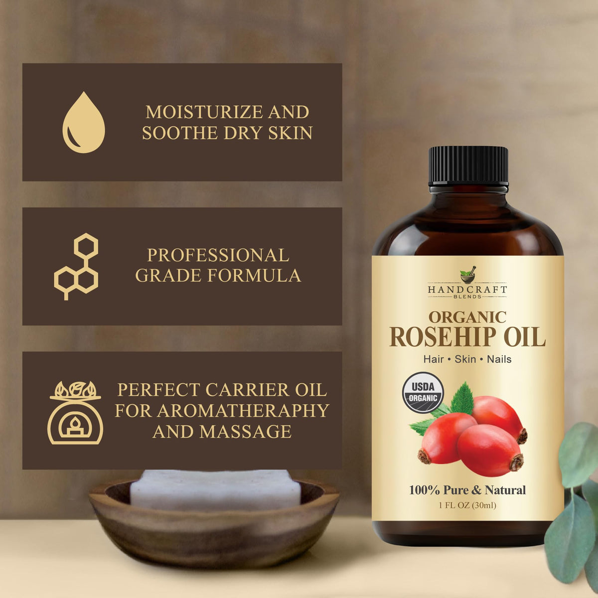 Handcraft Blends rosehip oil texture close-up demonstrating lightweight absorption