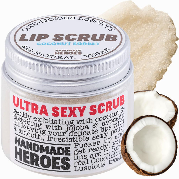 Handmade Heroes coconut sorbet front jar showing label and 1oz size benefit soft lips