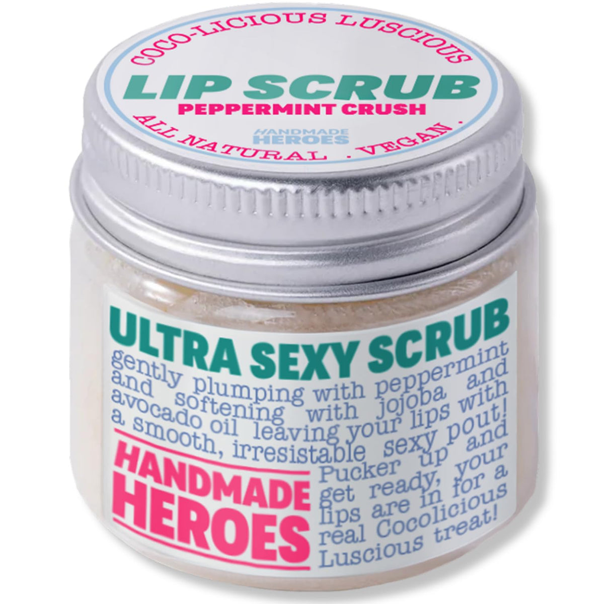 Handmade Heroes peppermint lip scrub front jar showing label and size benefit: clear product identity