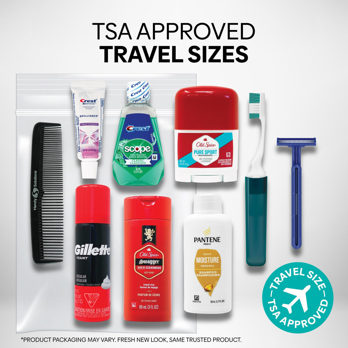 Handy Solutions contents laid out displaying shampoo, body wash, deodorant and grooming tools for quick travel