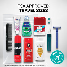 Handy Solutions contents laid out displaying shampoo, body wash, deodorant and grooming tools for quick travel