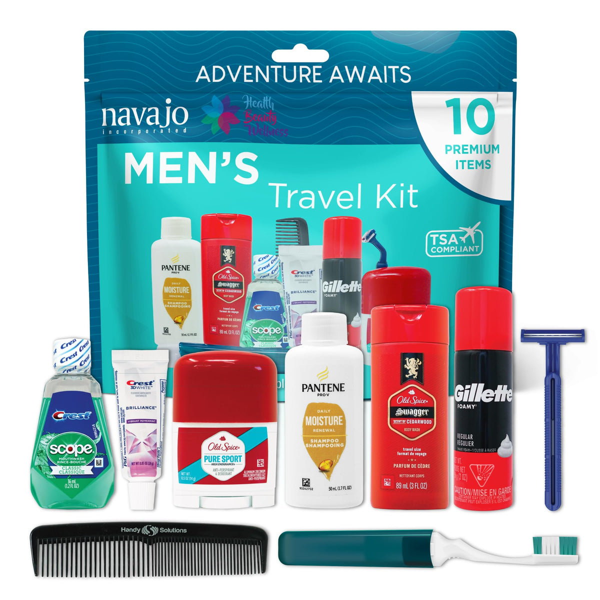 Handy Solutions front packaging showing kit and clear resealable bag benefit: easy airport screening