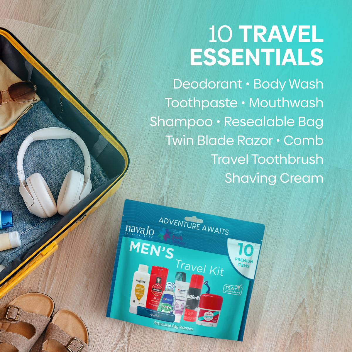 Handy Solutions toiletries inside clear pouch showing organized storage and leak protection