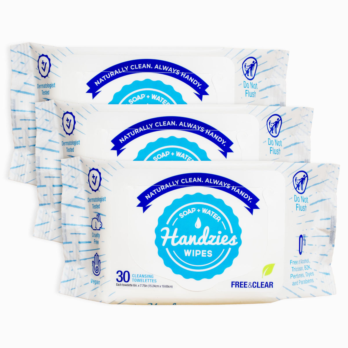 Handzies Free&Clear front pack showing branding and count, gentle-clean benefit