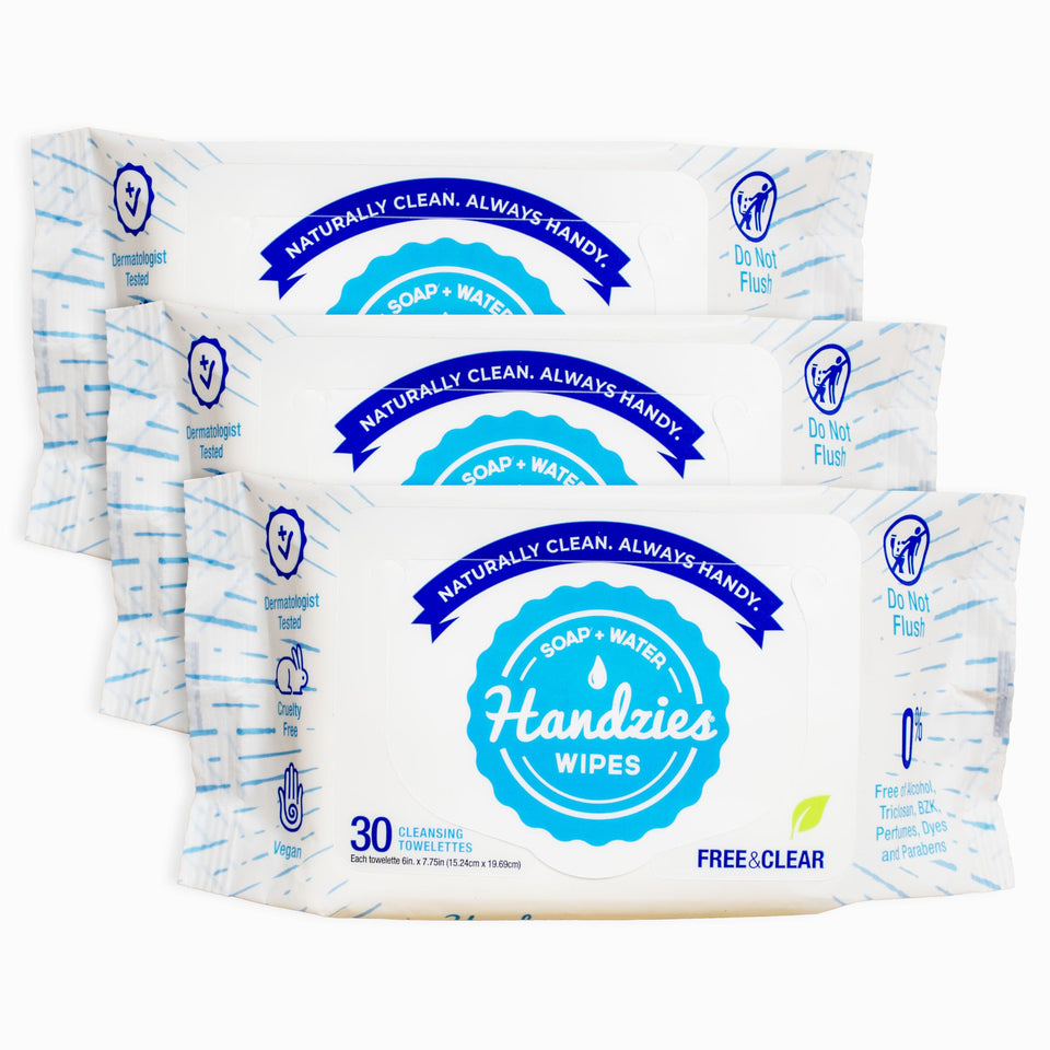 Handzies Free&Clear front pack showing branding and count, gentle-clean benefit
