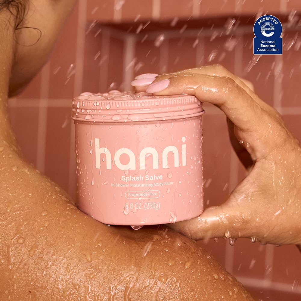 HANNI product staged with pump-style bottle for bathroom shelf benefit