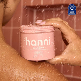 HANNI product staged with pump-style bottle for bathroom shelf benefit