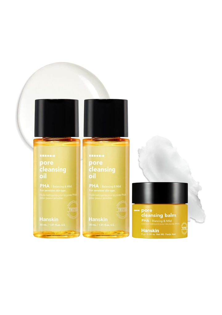 Hanskin front packaging mini set showing travel cleansing kit benefits