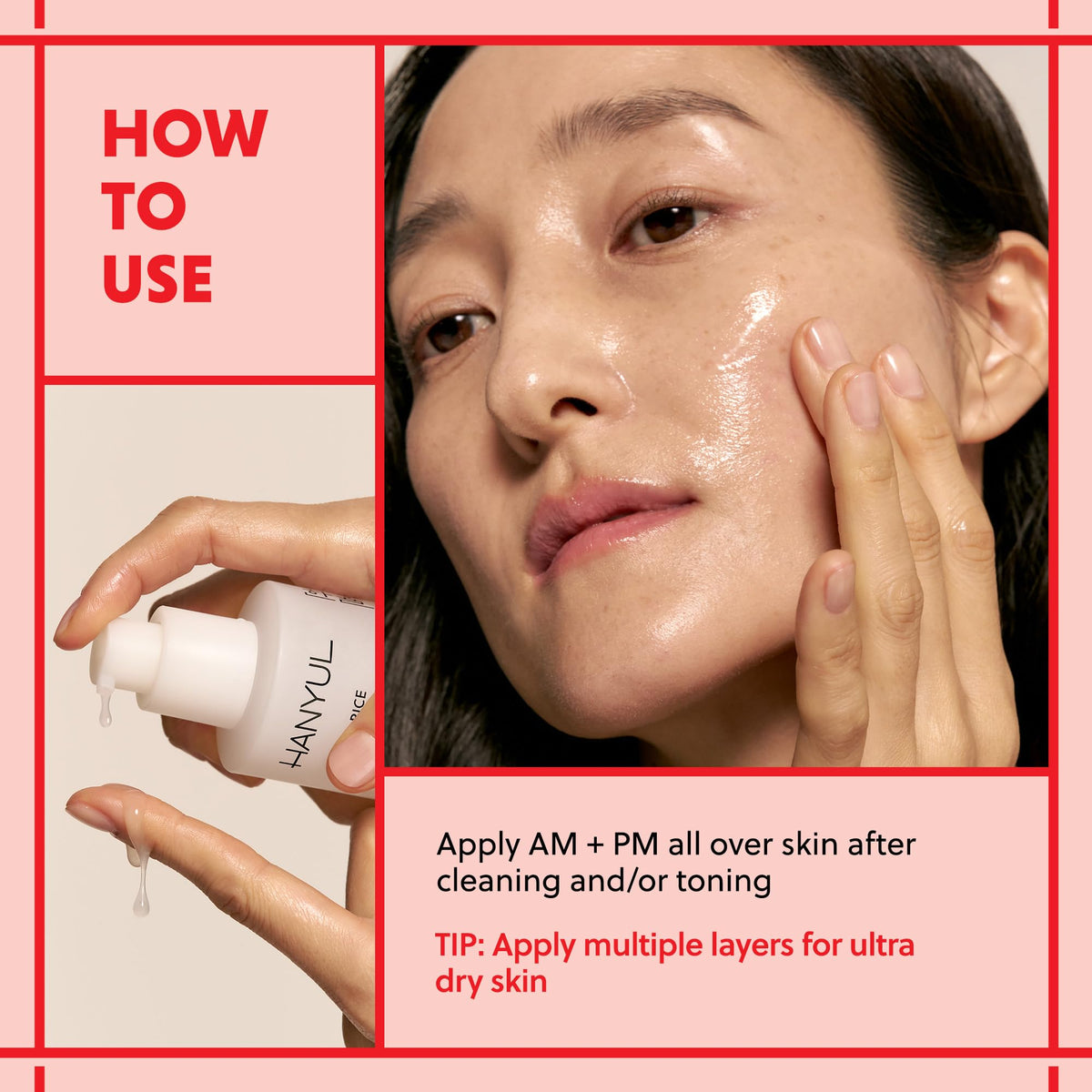 HANYUL serum on bathroom shelf with other products illustrating layering convenience