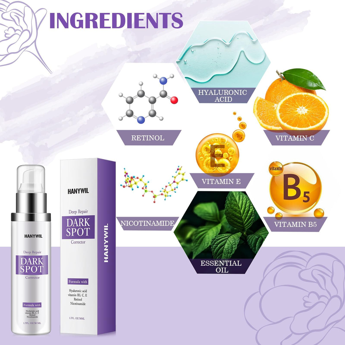 HANYWIL ingredients visual featuring retinol niacinamide vitamin C for effectiveness