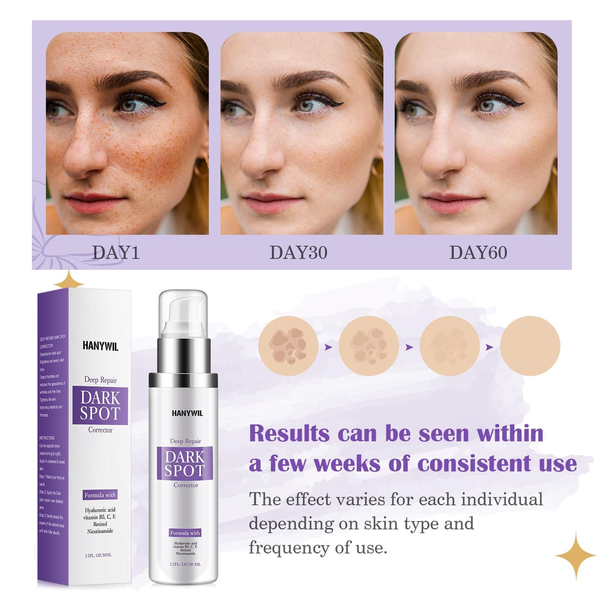 HANYWIL applying serum to cheek demonstrating targeted reduction of discoloration