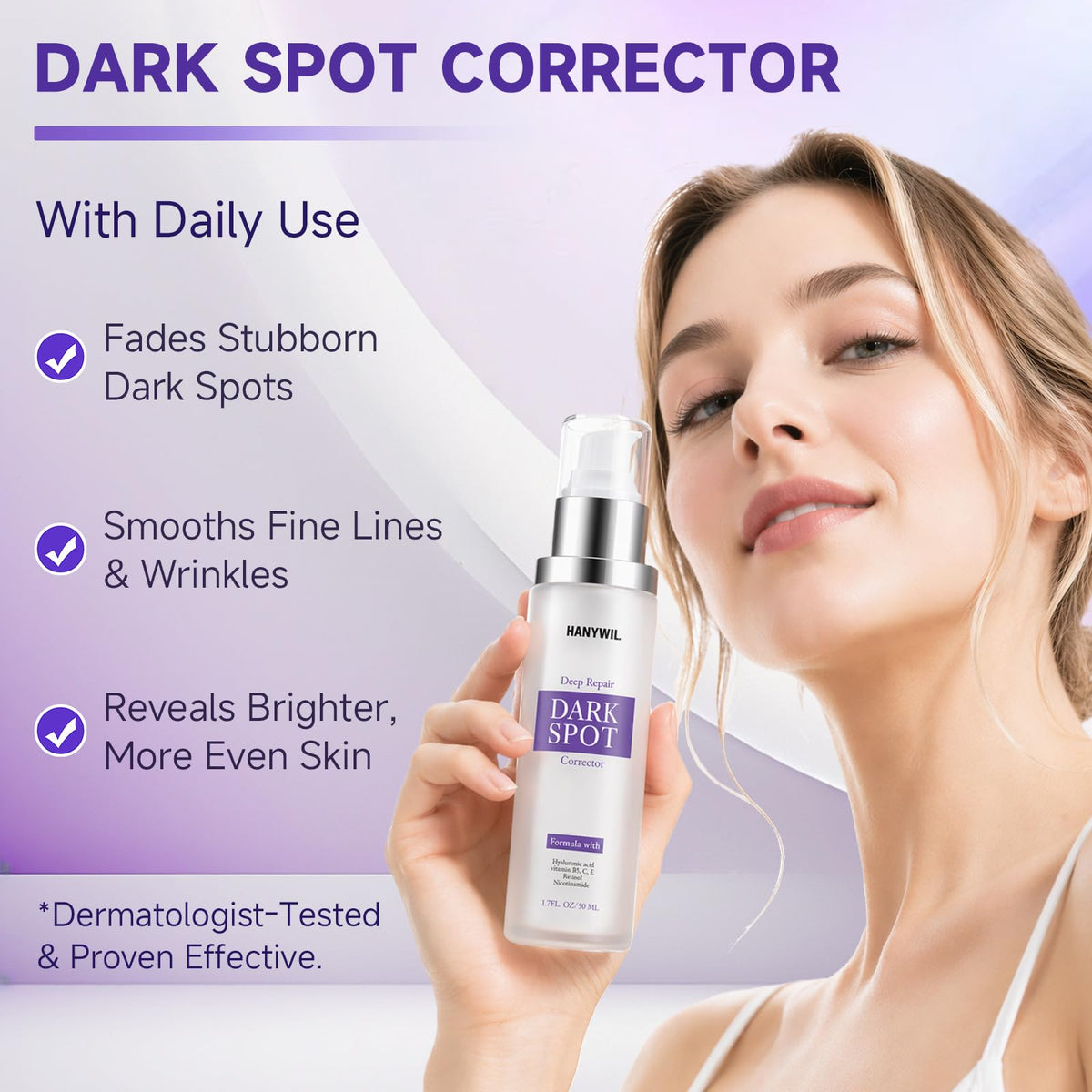 HANYWIL serum texture pouring from dropper highlighting lightweight, fast-absorbing formula