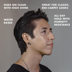 Hanz de Fuko styled pompadour demonstrating extreme hold and glossy finish