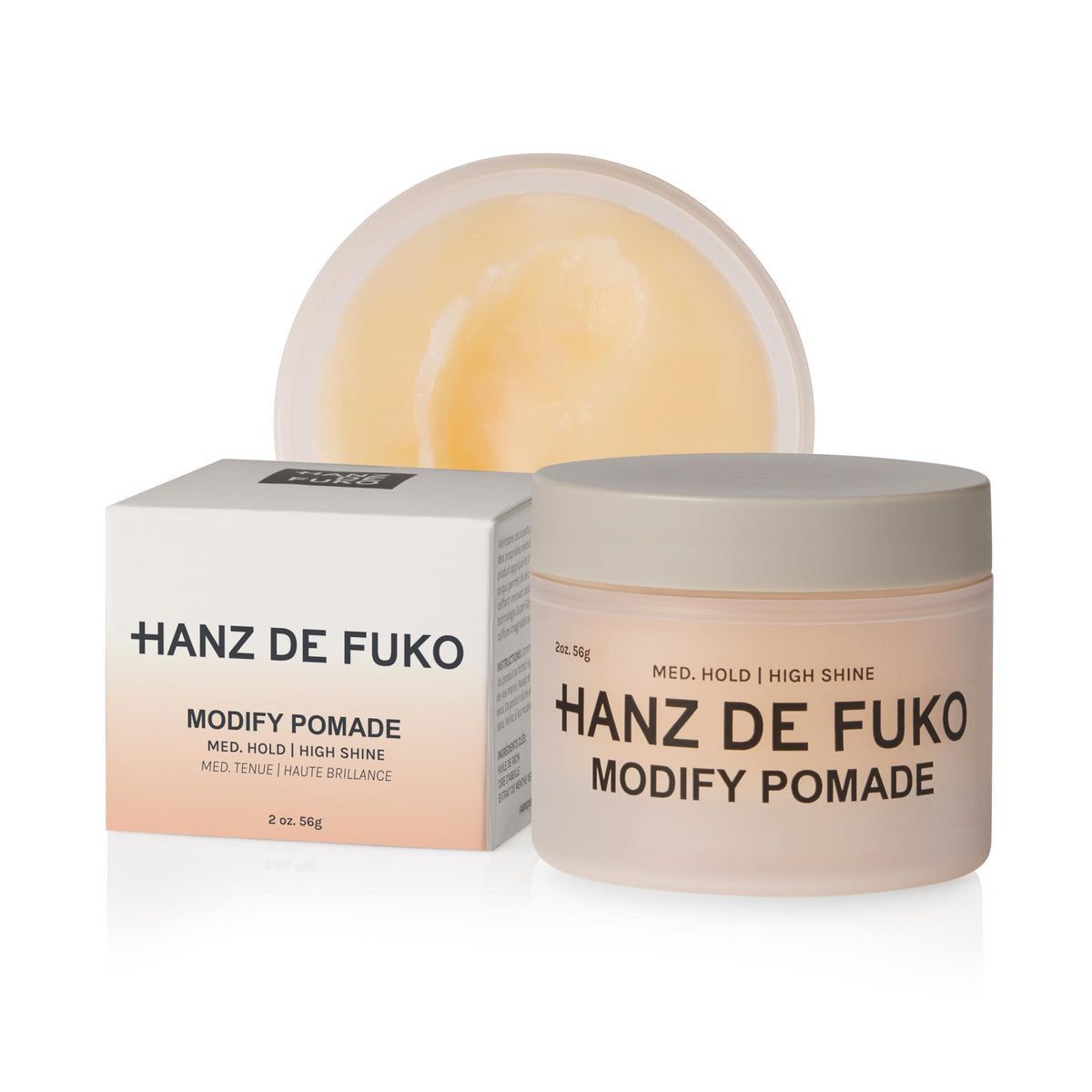 Hanz de Fuko front jar view showing compact design and glossy finish benefit