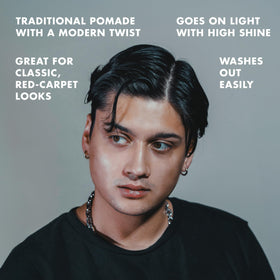Hanz de Fuko used to create slicked-back hairstyle for polished, long-lasting shine