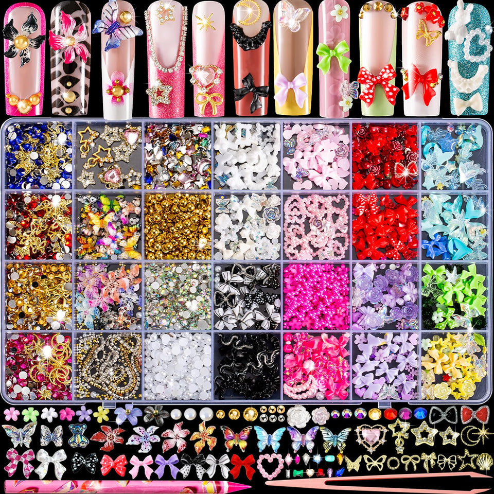 haozher open junk case showing 28 organized compartments and mixed nail charms