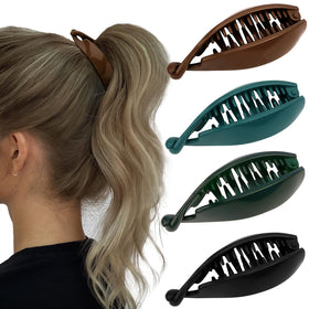 Hapdoo front packaging showing four colorful banana clips and compact case benefit portability