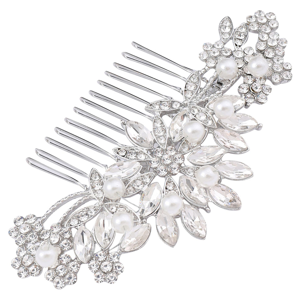 Hapibuy front view of crystal wedding hair comb showing floral design and sparkle