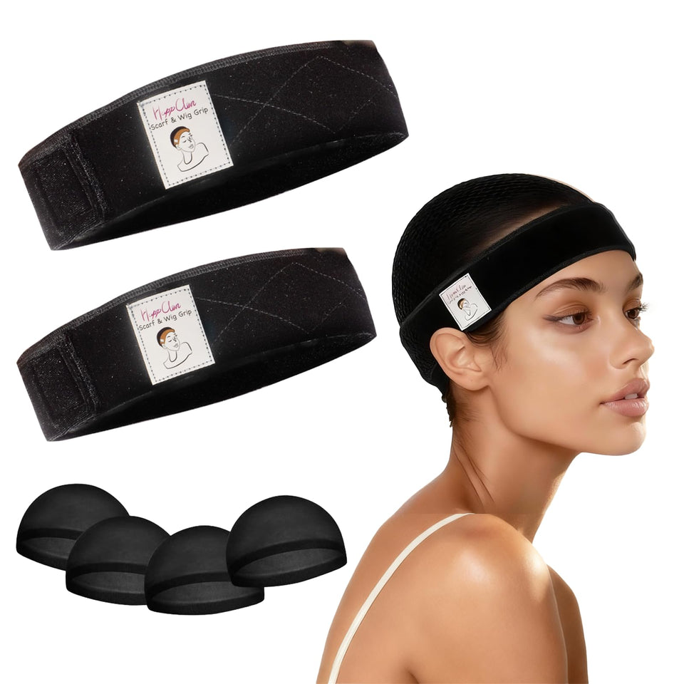 HappClan front packaging showing two velvet wig grip bands and four caps for convenience