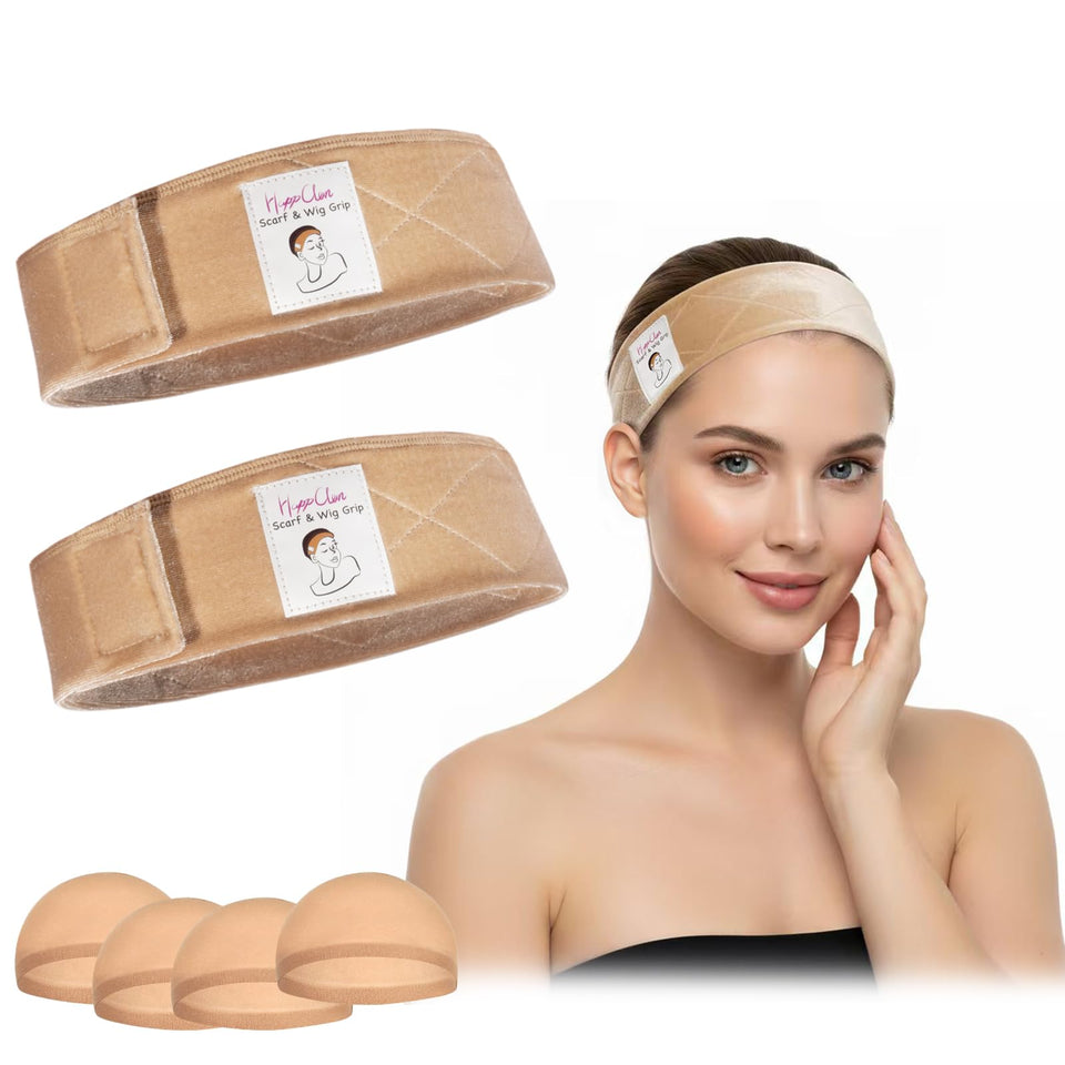 HappClan front view of velvet wig grip band showing secure fit benefit