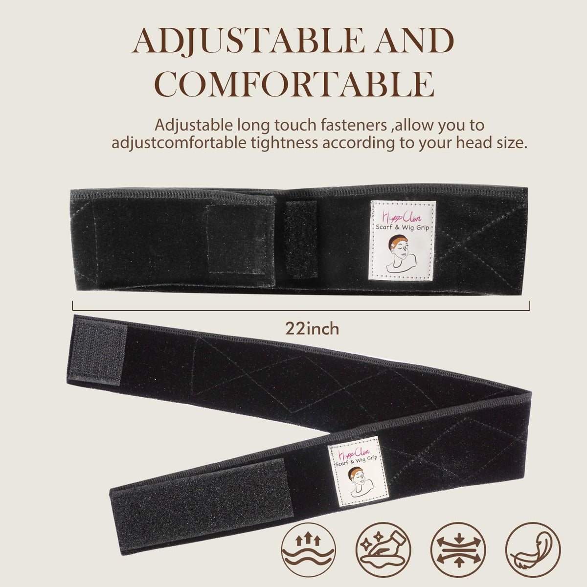 HappClan hook-and-loop fastener detail that adjusts securely without tangling hair