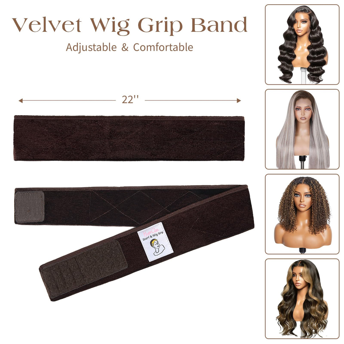 HappClan profile of model wearing wig with band for stable, comfortable fit