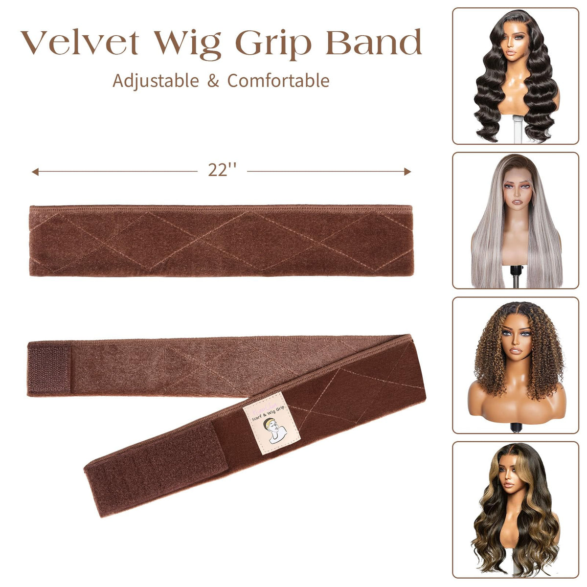 HappClan in-use image of woman wearing wig and grip band for stable comfortable hold