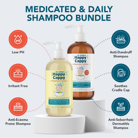 Happy Cappy bottle close-up label highlighting pediatrician-formulated medicated shampoo