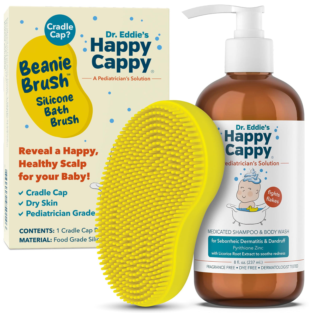 Happy Cappy front bottle and beanie brush showing gentle medicated bundle benefit