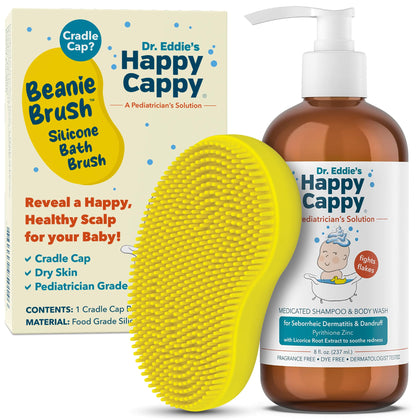 Happy Cappy front bottle and beanie brush showing gentle medicated bundle benefit