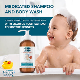 Happy Cappy size scale beside a bath toy showing bottle dimensions and portability