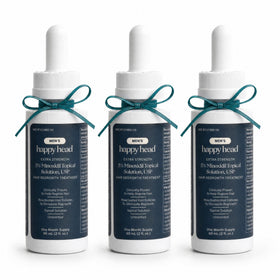 Happy Head front packaging showing three 60 mL bottles and clear labeling for easy storage and routine