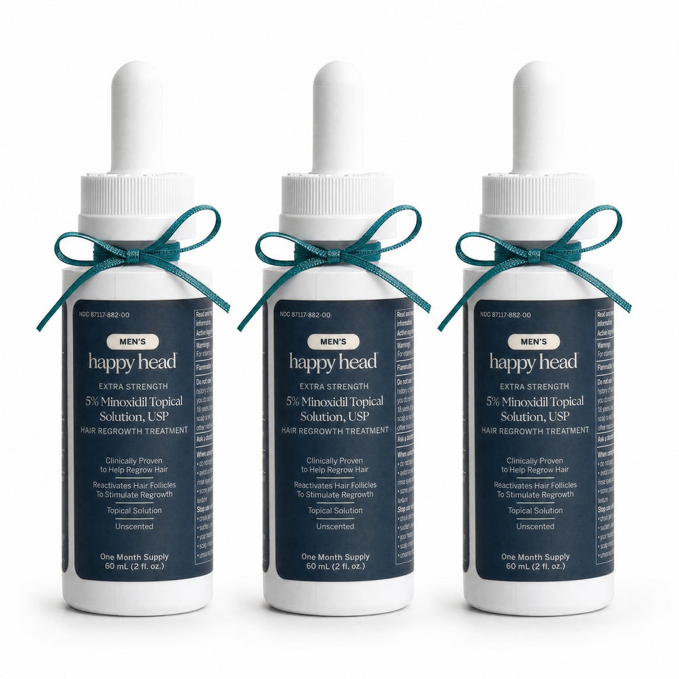 Happy Head front packaging showing three 60 mL bottles and clear labeling for easy storage and routine