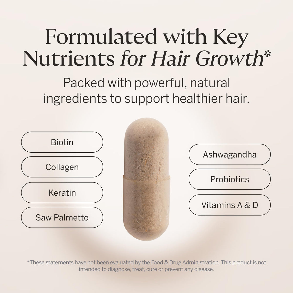 Happy Head ingredient label close-up showing biotin, collagen, keratin and vitamins for transparency