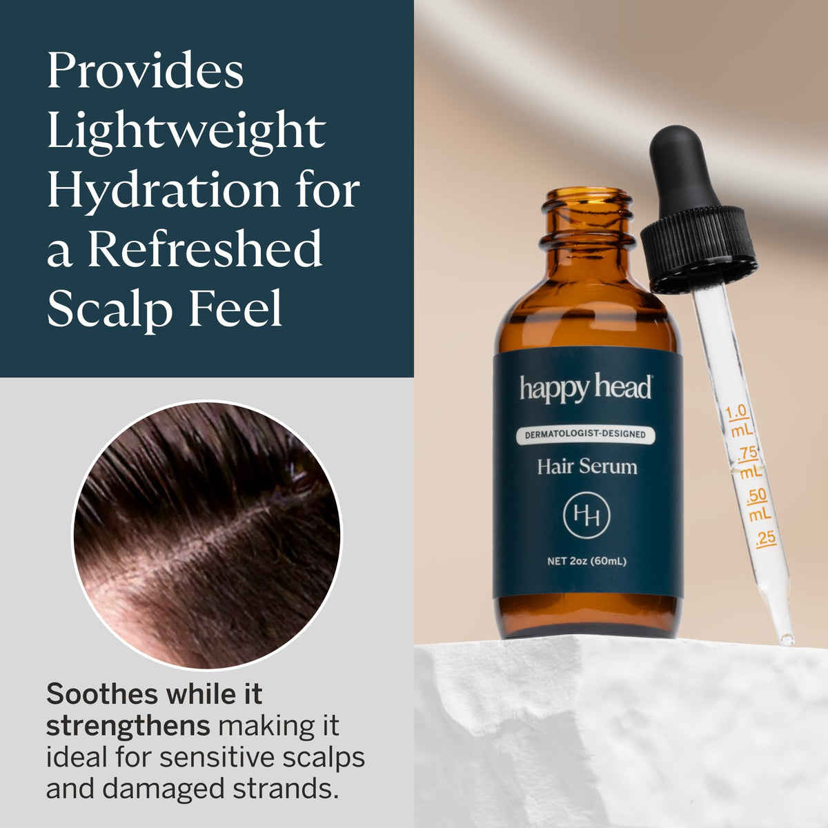 Happy Head serum on fingertips ready to apply, conveys easy measured dosing benefit