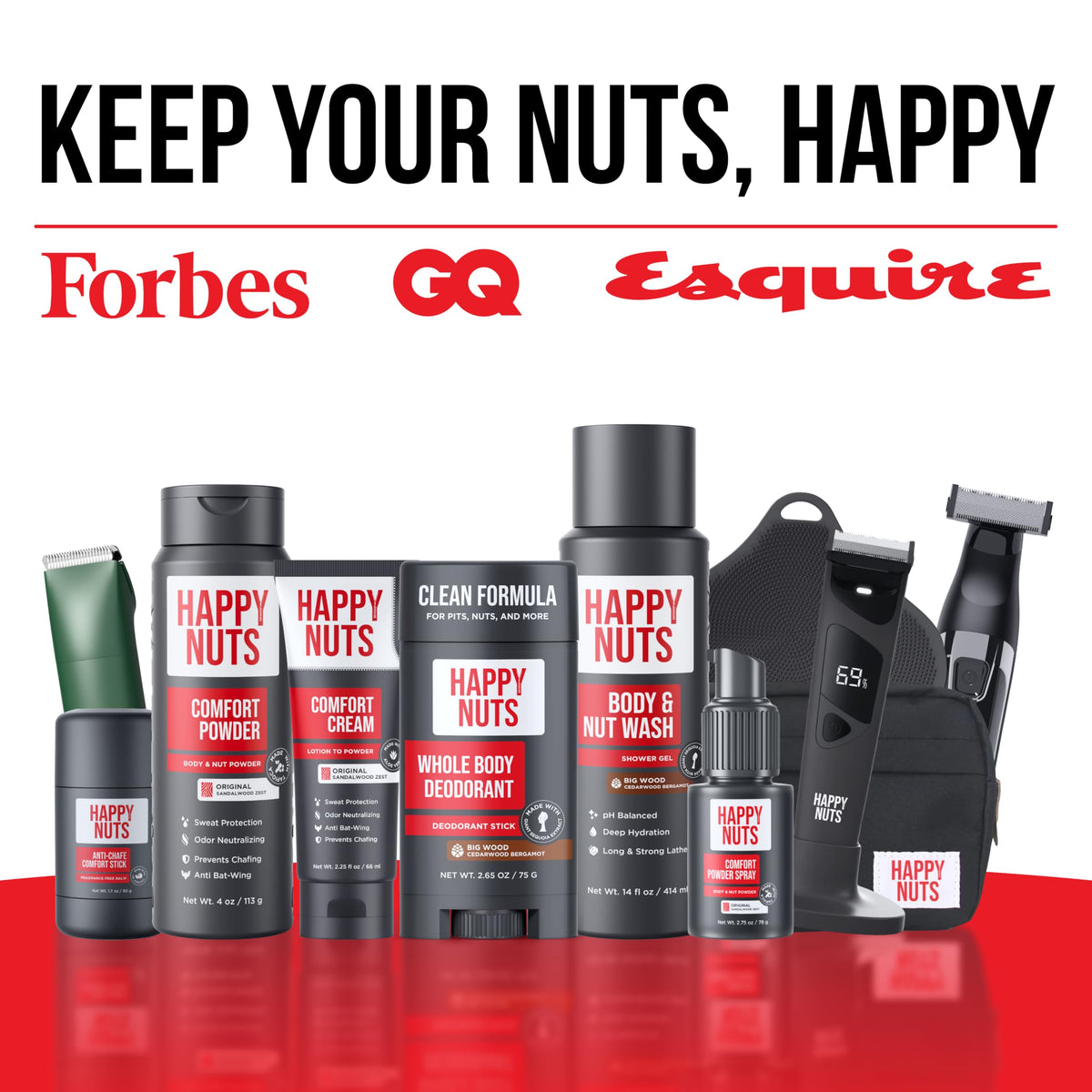 HAPPY NUTS placed on bathroom shelf in lifestyle setting emphasizing everyday freshness