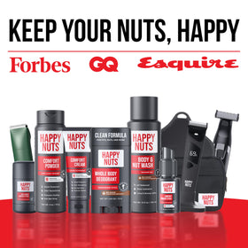 HAPPY NUTS placed on bathroom shelf in lifestyle setting emphasizing everyday freshness