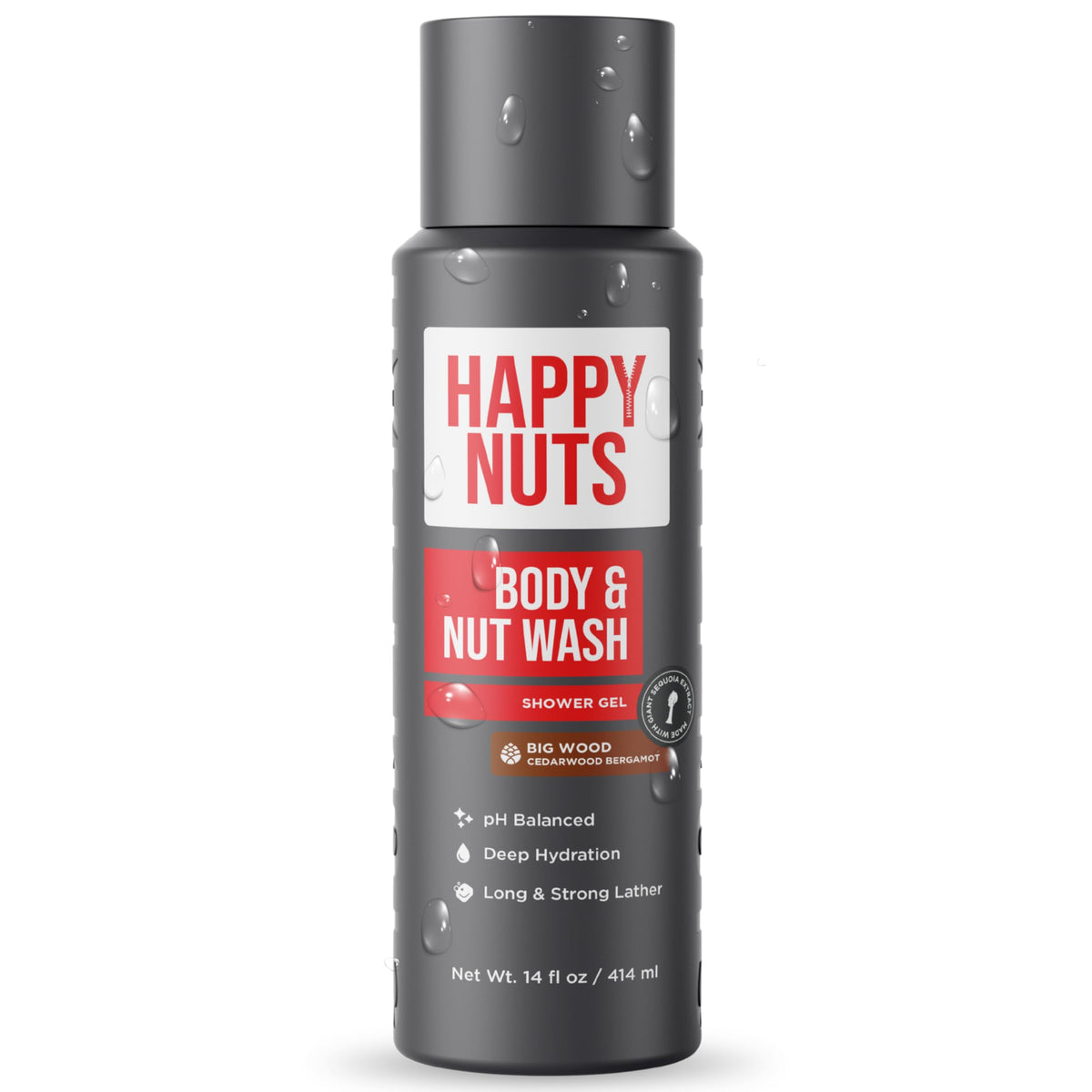 HAPPY NUTS front bottle view showing clean packaging and woodsy scent benefits