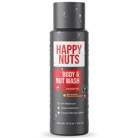 HAPPY NUTS front bottle view showing clean packaging and woodsy scent benefits