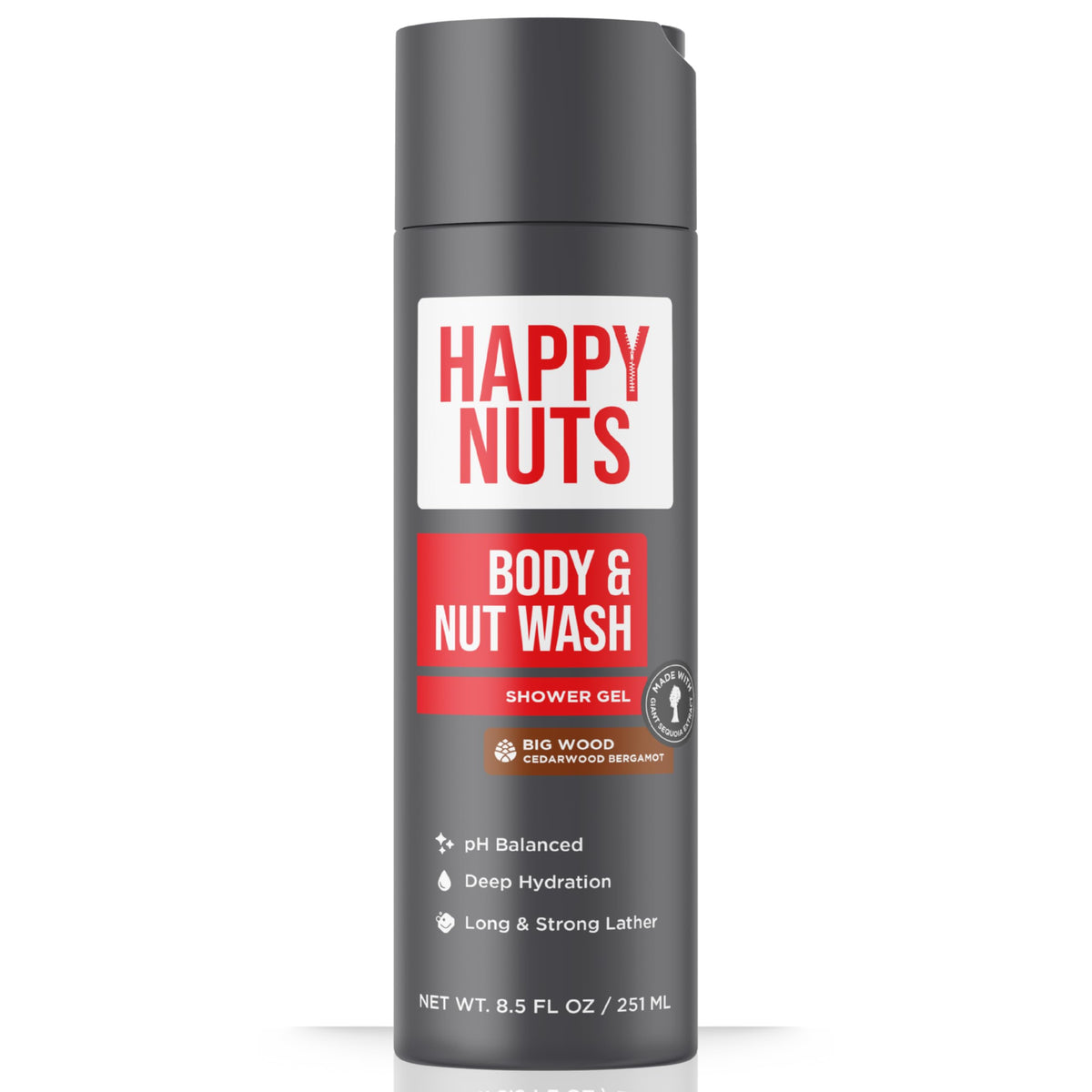HAPPY NUTS front bottle shot showing label and benefit gentle deep clean