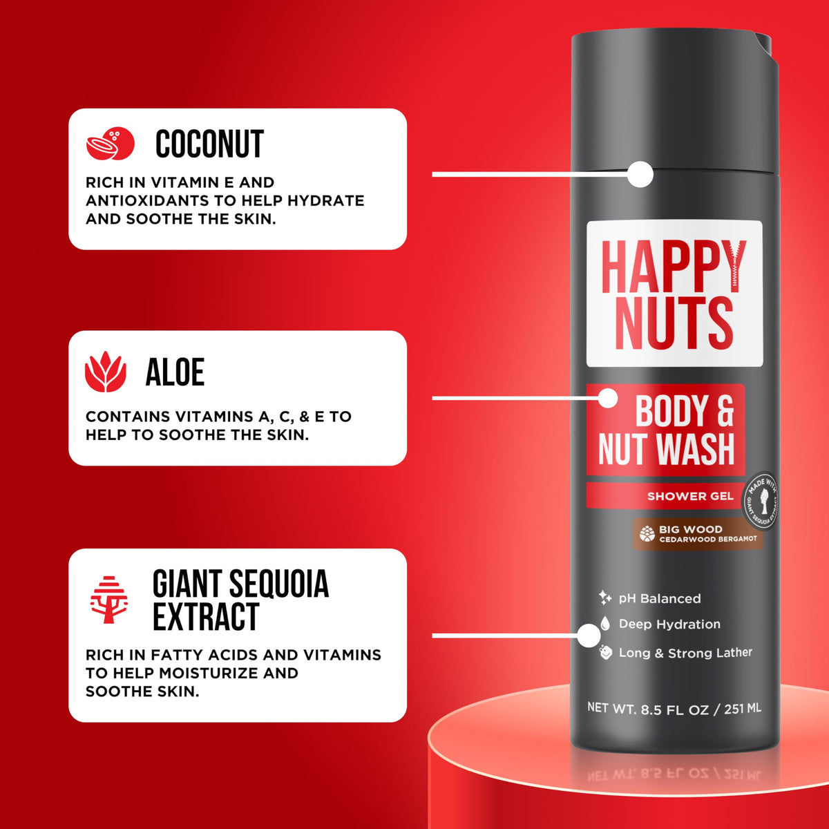 HAPPY NUTS bottle on shower shelf suggesting daily refreshing use