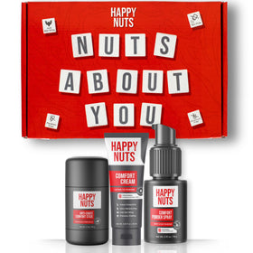 HAPPY NUTS front packaging showing the full anti-chafing essentials bundle benefit