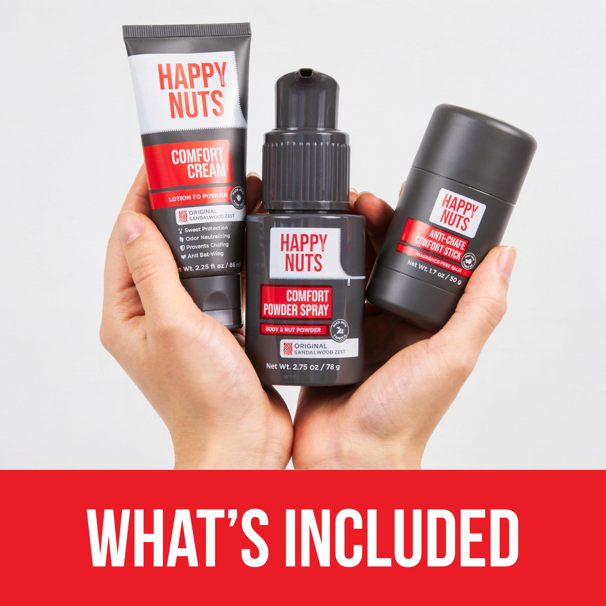 HAPPY NUTS three products grouped to show the complete on-the-go protection set