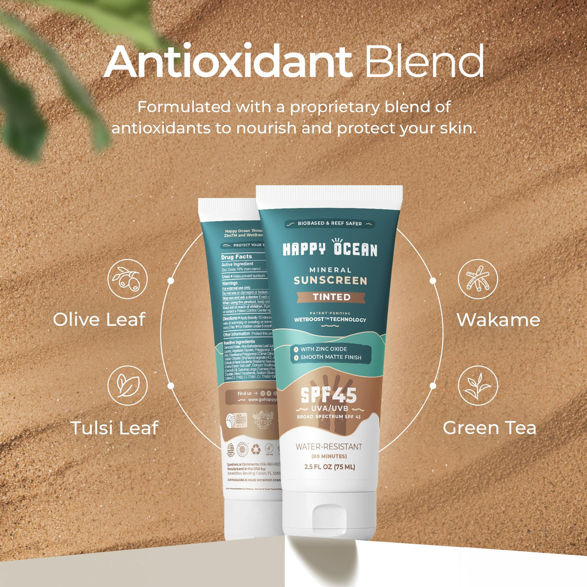 Happy Ocean sunscreen on face outdoors at the beach illustrating water resistance
