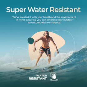 Happy Ocean tube beside surfboard at beach showing ocean-safe use