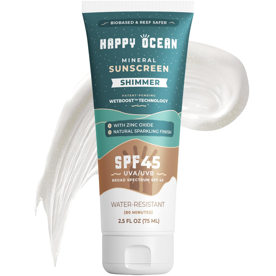 Happy Ocean front tube showing label and shimmering sunscreen benefit