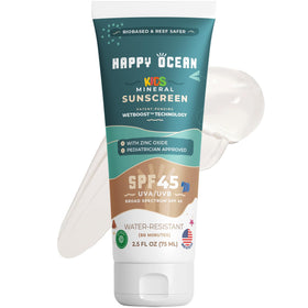 Happy Ocean front tube showing SPF 45 and reef-safe label for quick identification