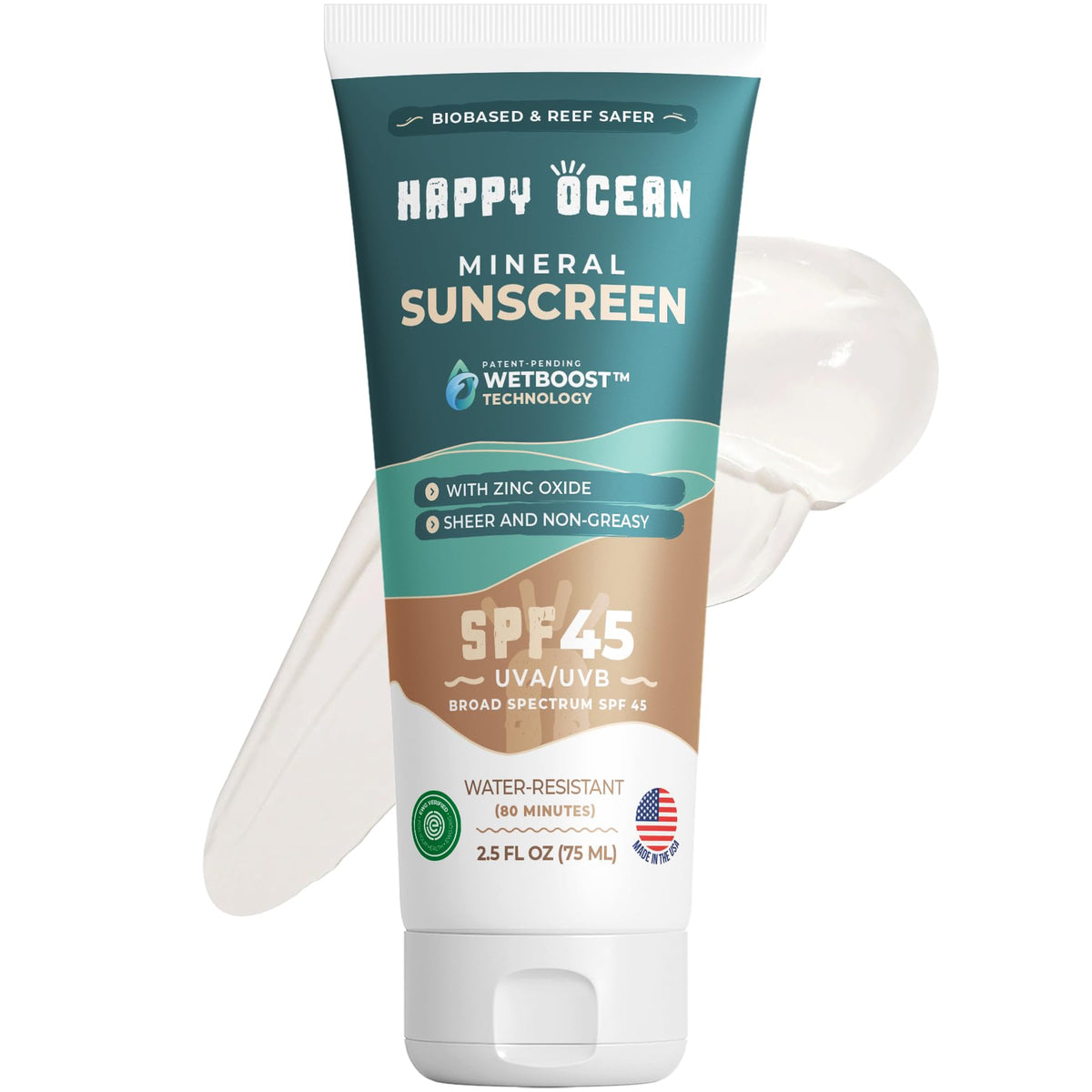 Happy Ocean front tube showing SPF 45 and reef-safe benefit