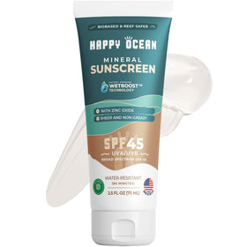 Happy Ocean front tube showing SPF 45 and reef-safe benefit