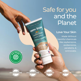 Happy Ocean travel-size tube next to keys and sunscreen for on-the-go convenience